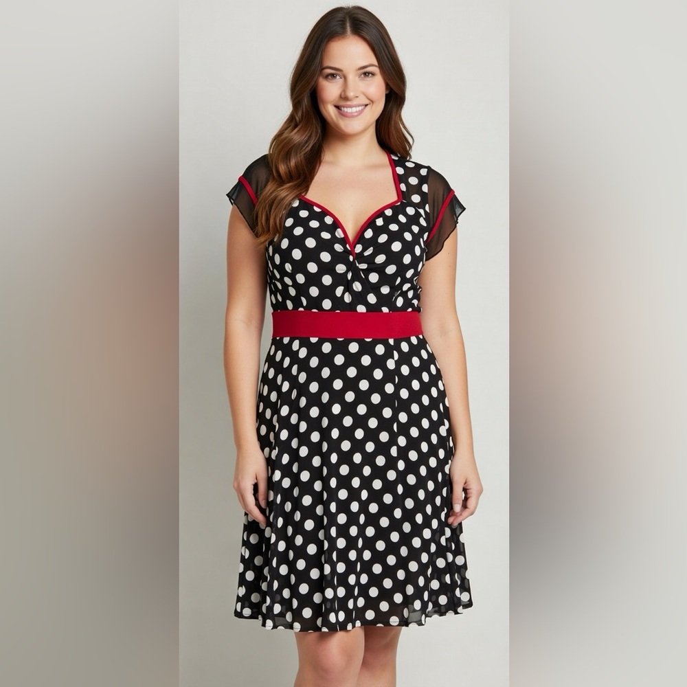 Sour Puss Retro Polka Dot Black and White Dress with Red Accents